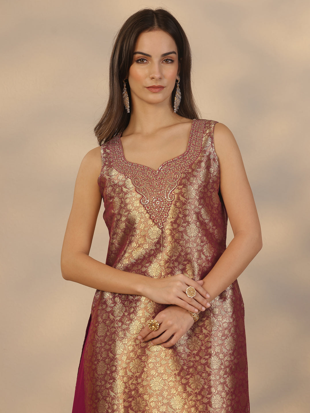  Libas Art Maroon Embroidered Silk Blend Straight Suit Set With Dupatta 