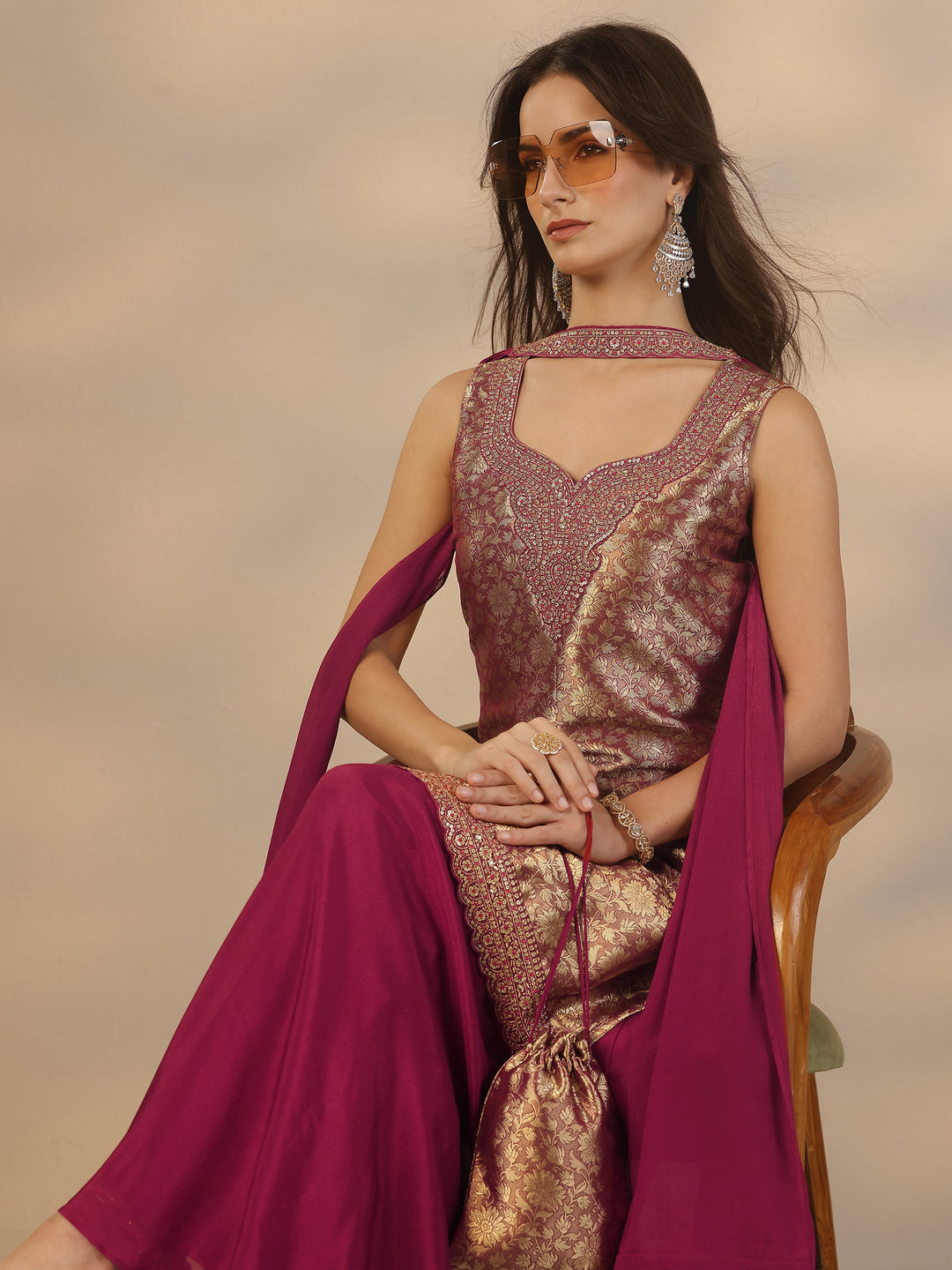  Libas Art Maroon Embroidered Silk Blend Straight Suit Set With Dupatta 