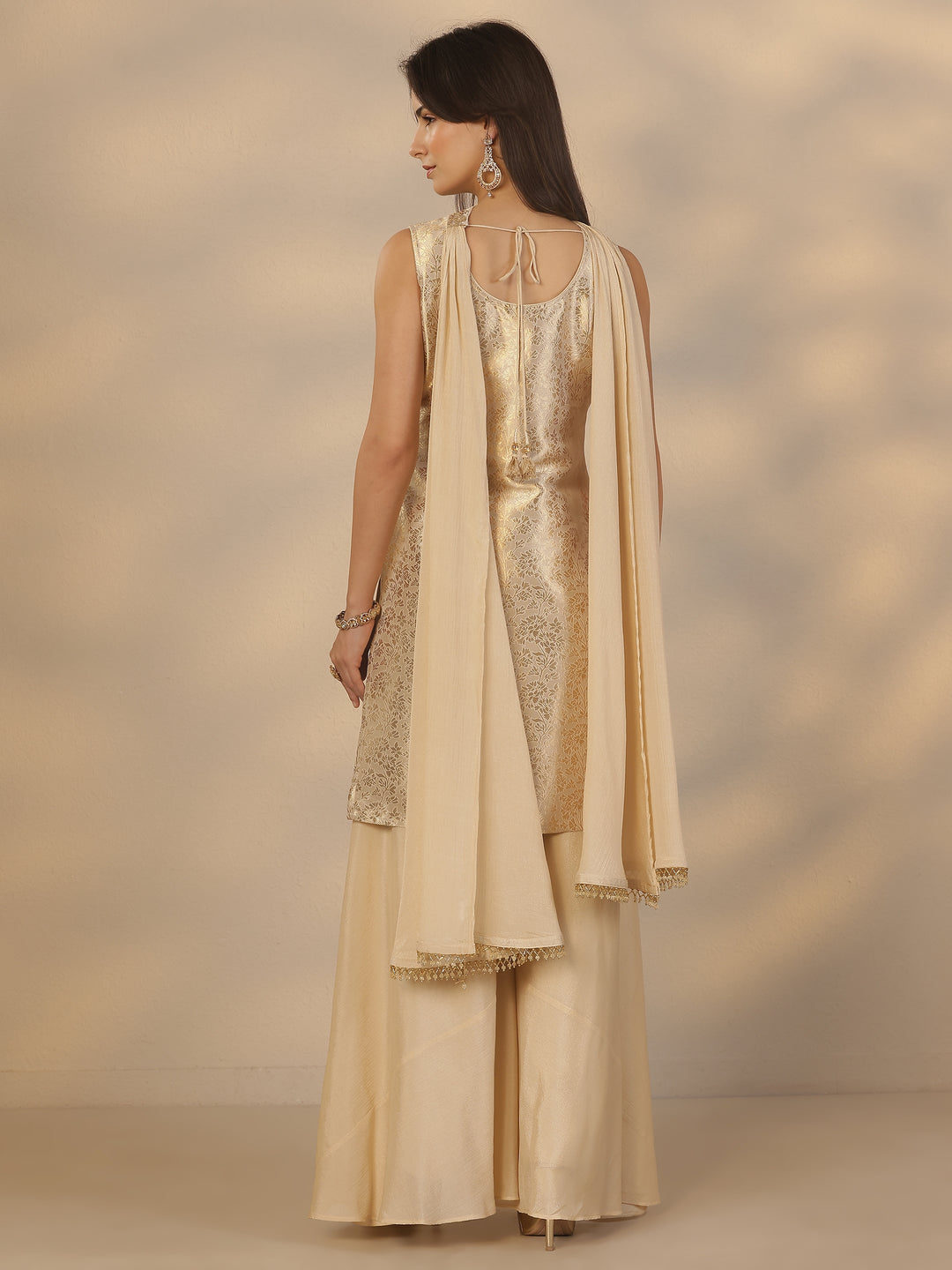  Libas Art Gold Embroidered Silk Blend Straight Suit Set With Dupatta 