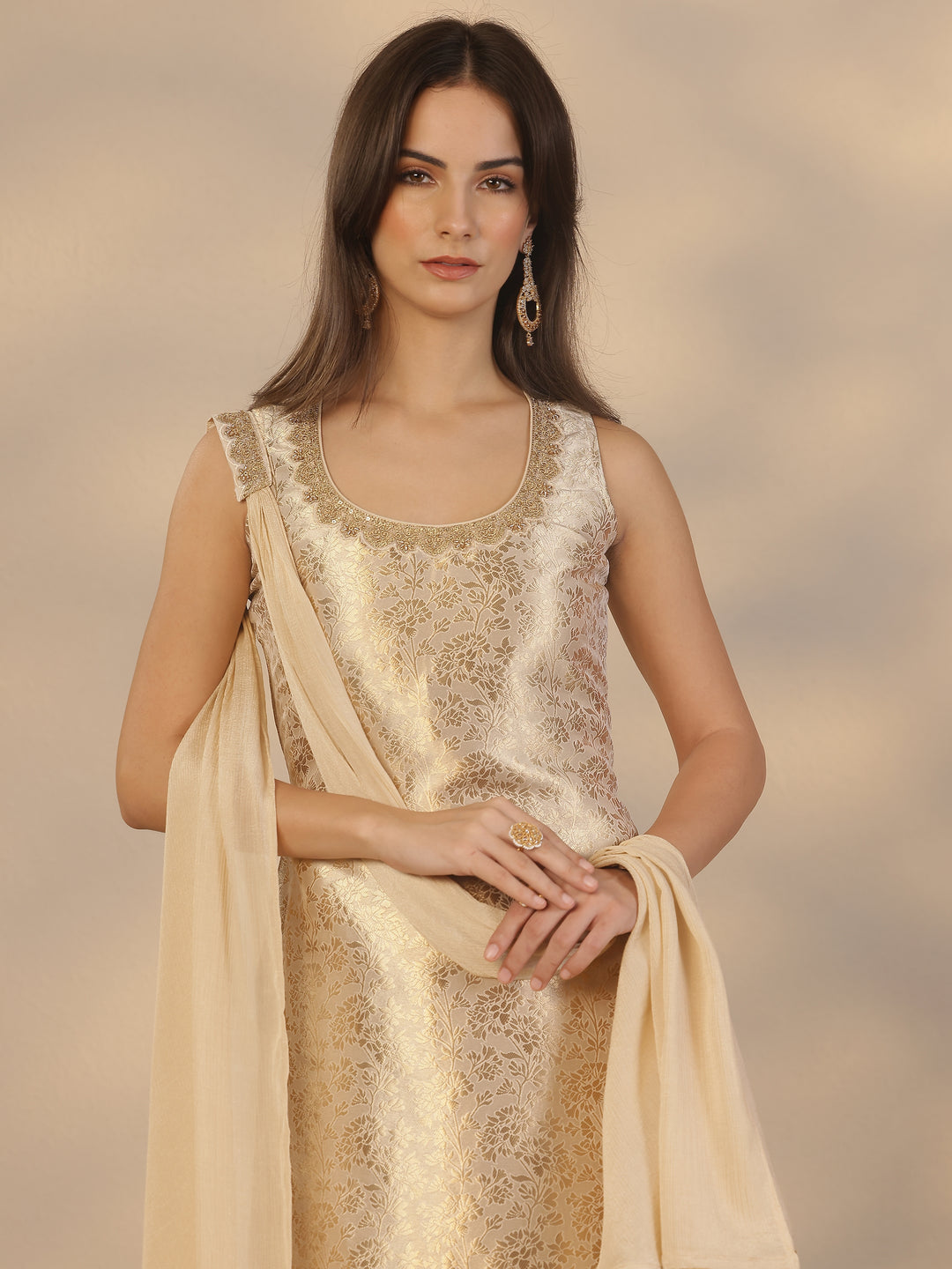  Libas Art Gold Embroidered Silk Blend Straight Suit Set With Dupatta 