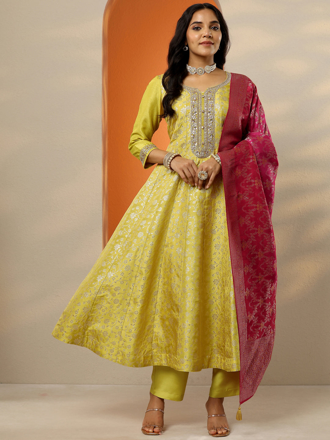  Libas Art Yellow Woven Design Silk Blend Anarkali Suit Set With Dupatta 