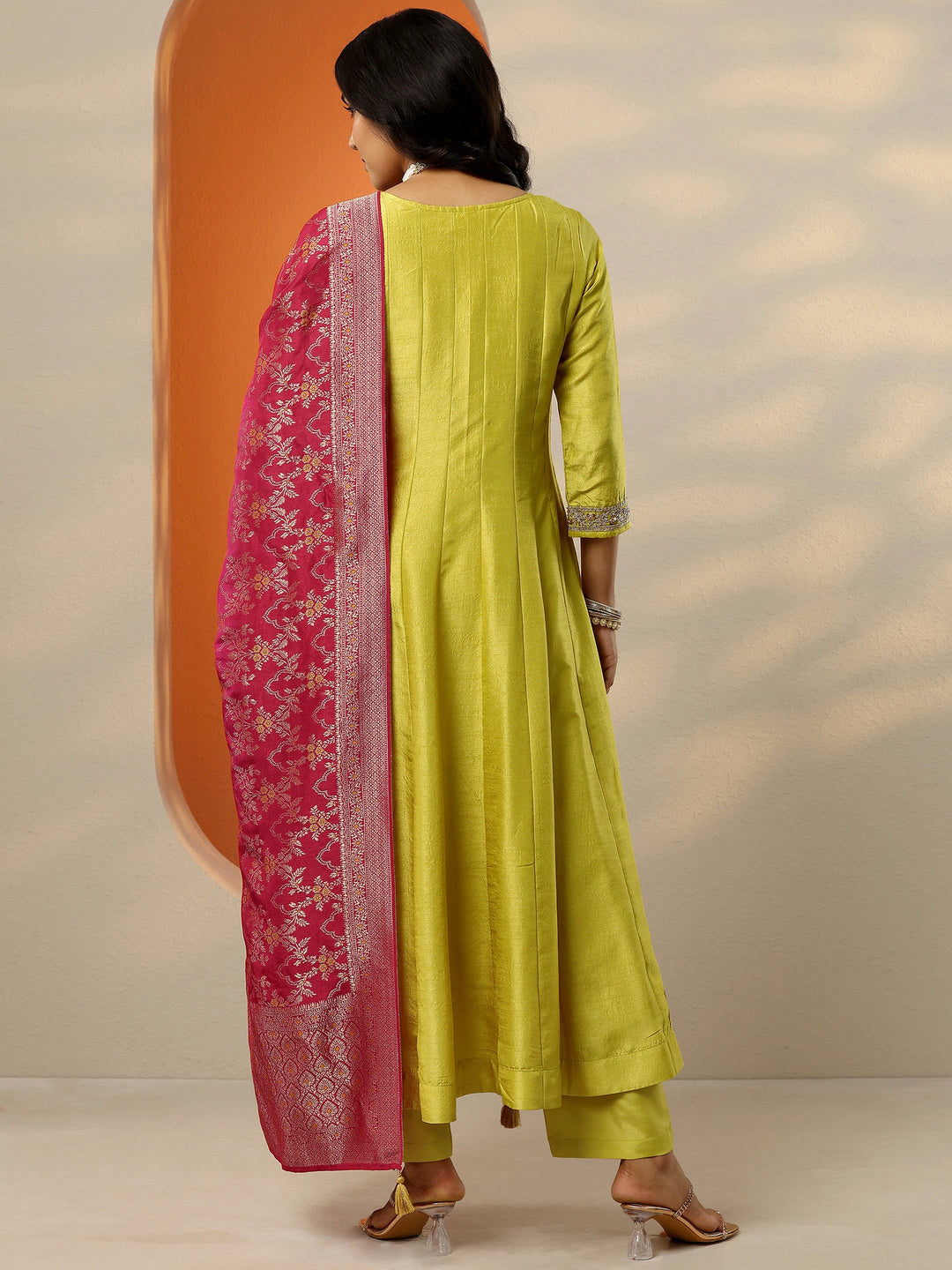  Libas Art Yellow Woven Design Silk Blend Anarkali Suit Set With Dupatta 