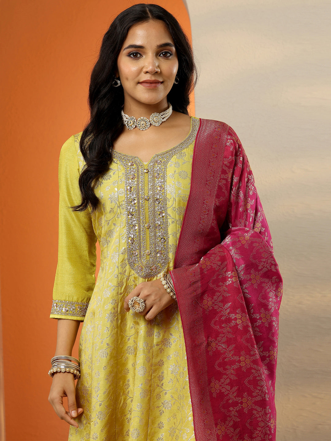  Libas Art Yellow Woven Design Silk Blend Anarkali Suit Set With Dupatta 