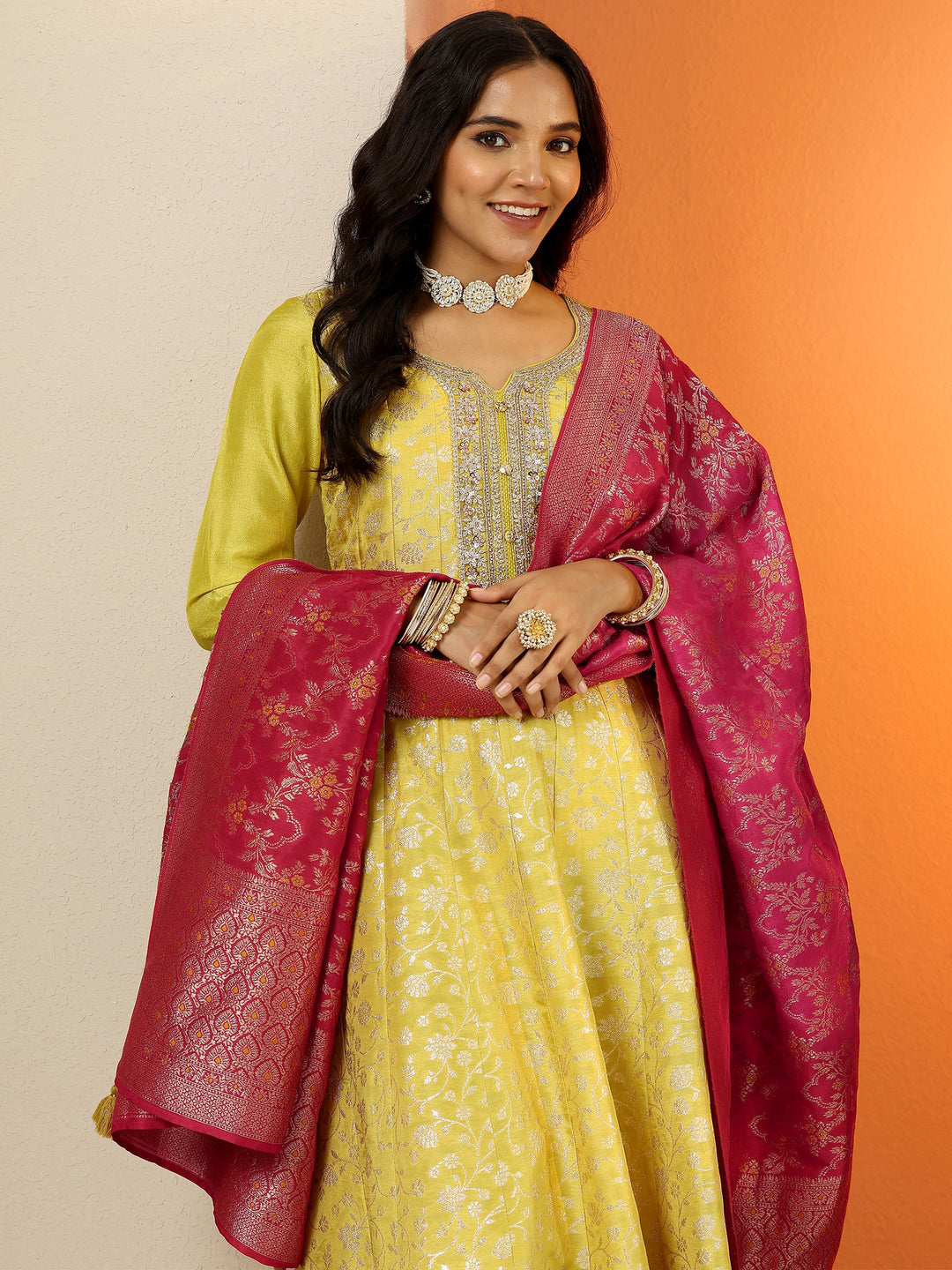Libas Art Yellow Woven Design Silk Blend Anarkali Suit Set With Dupatta