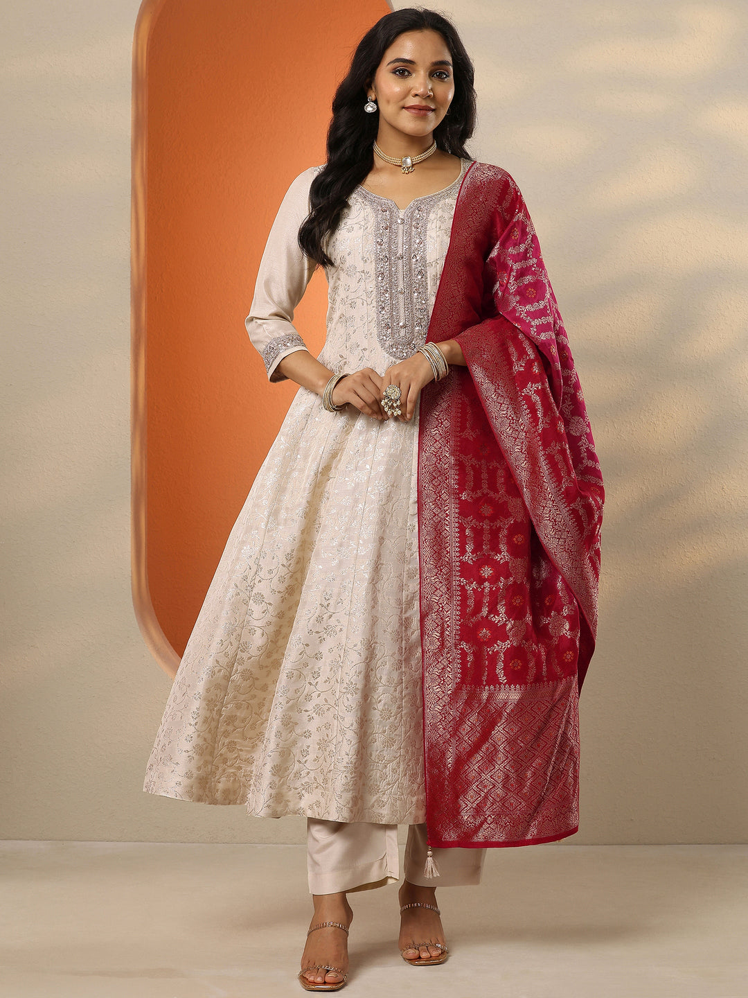  Libas Art Off White Woven Design Silk Blend Anarkali Suit Set With Dupatta 