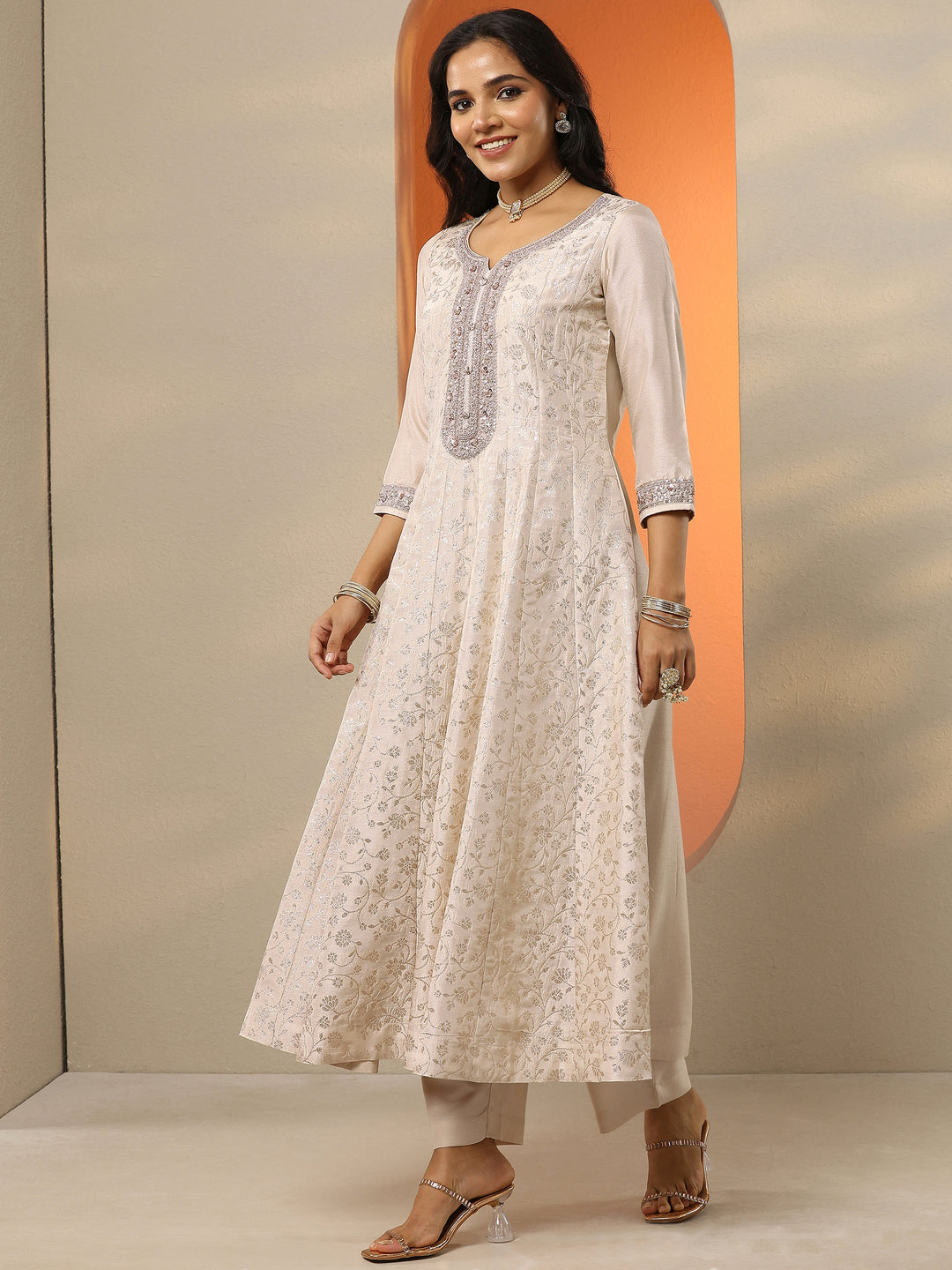  Libas Art Off White Woven Design Silk Blend Anarkali Suit Set With Dupatta 