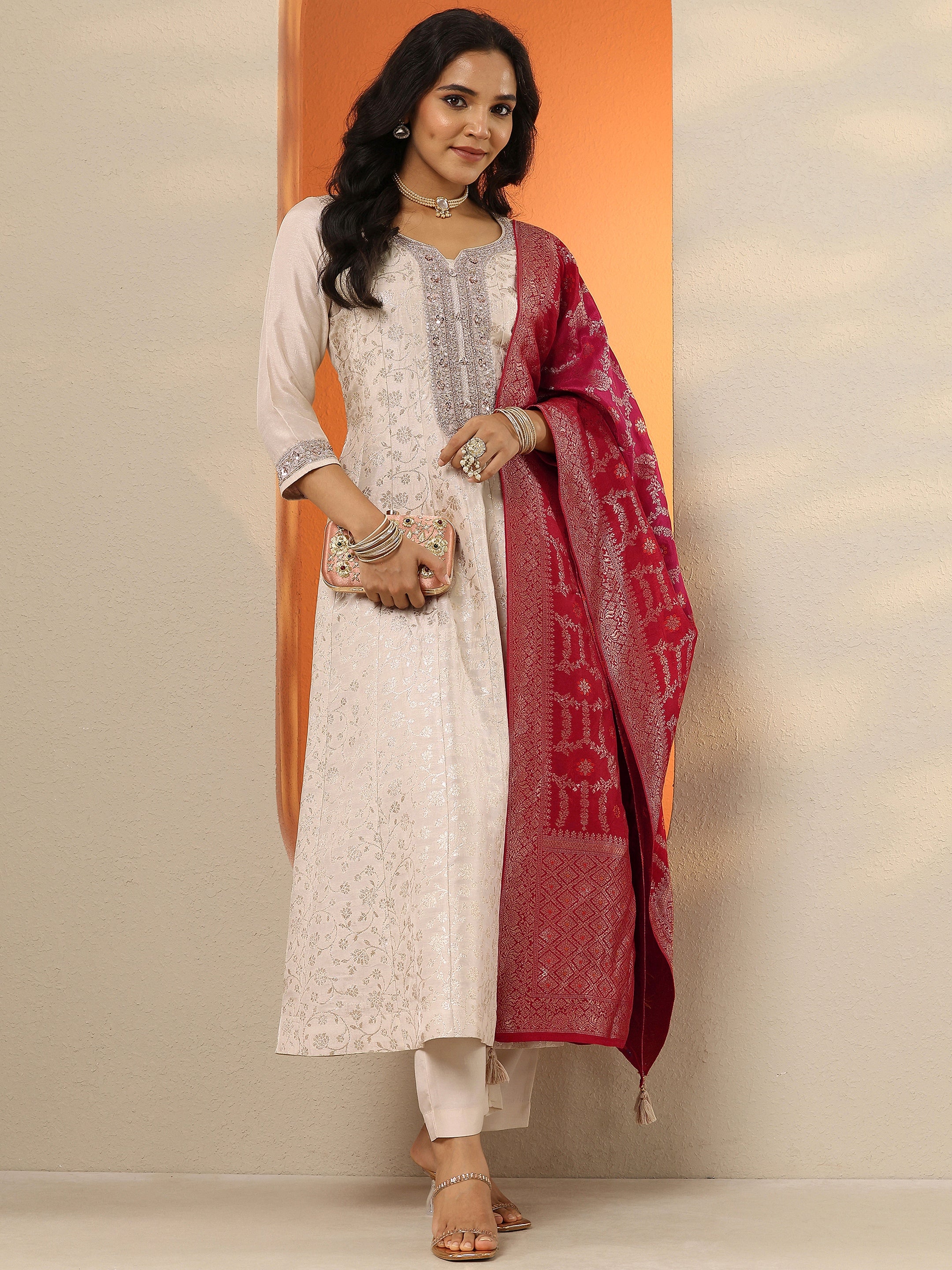 libas Off White Woven Design Silk Blend Anarkali Suit Set With Dupatta-picture-38