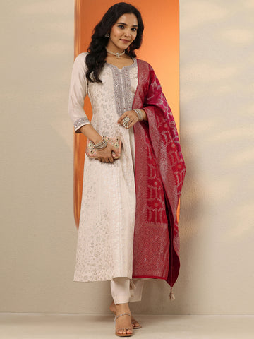 Off White Woven Design Silk Blend Anarkali Suit Set With Dupatta