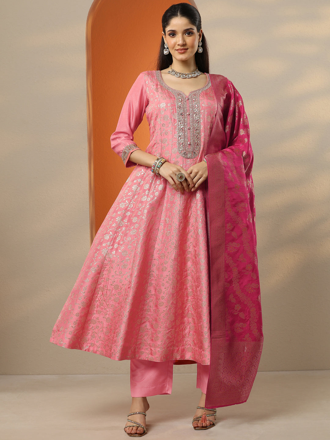  Libas Art Peach Woven Design Silk Blend Anarkali Suit Set With Dupatta 