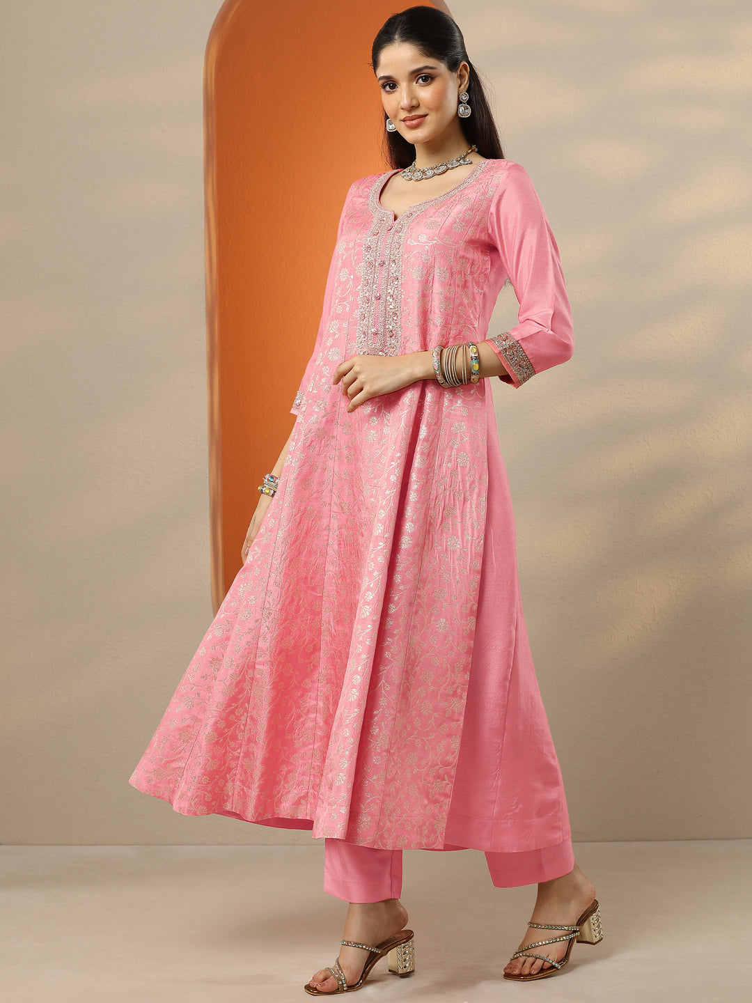  Libas Art Peach Woven Design Silk Blend Anarkali Suit Set With Dupatta 