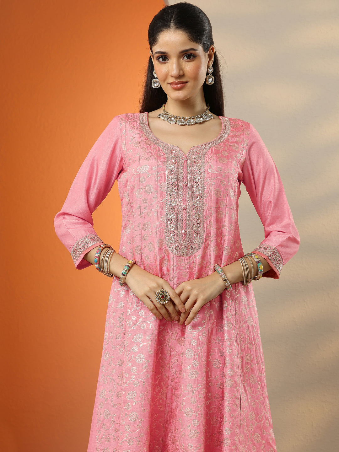 Libas Art Peach Woven Design Silk Blend Anarkali Suit Set With Dupatta 