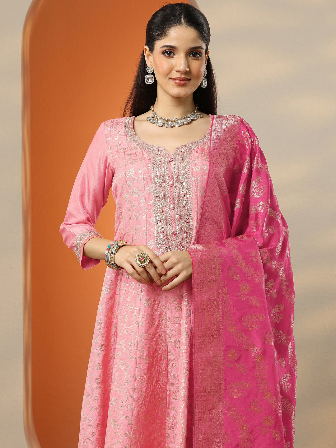 Libas Art Peach Woven Design Silk Blend Anarkali Suit Set With Dupatta 