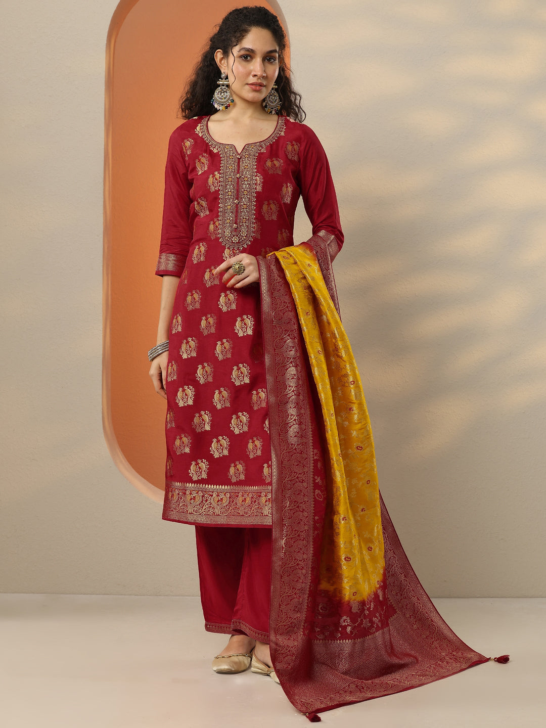  Libas Art Red Woven Design Silk Blend Straight Suit Set With Dupatta 