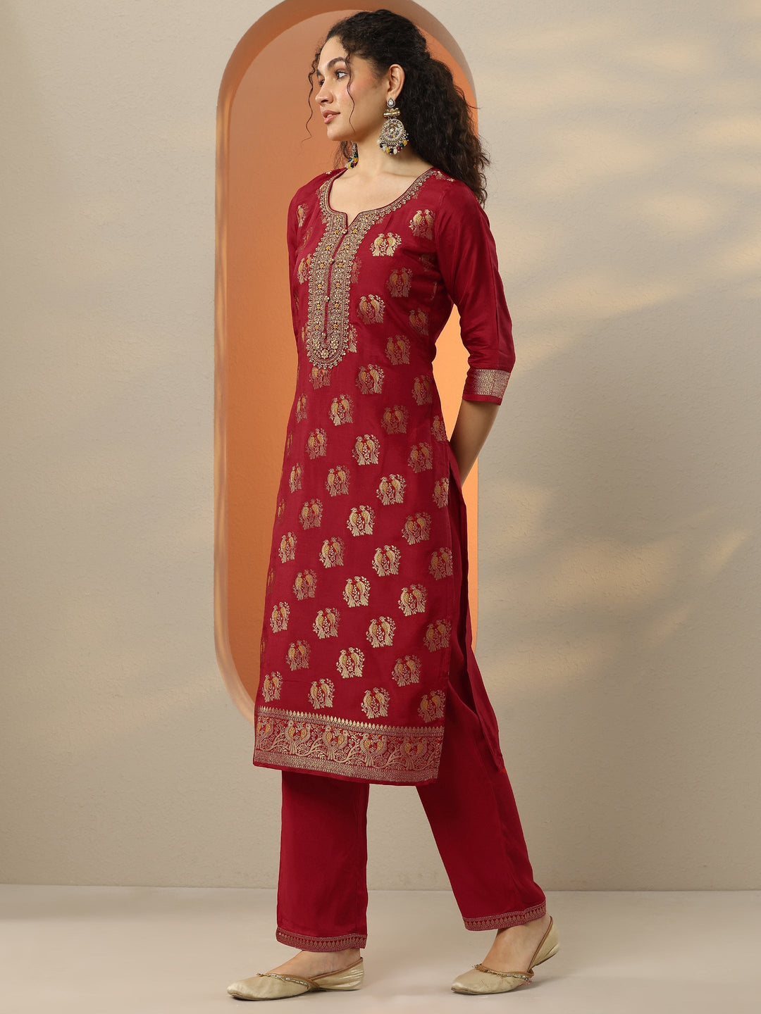  Red Woven Design Silk Blend Straight Suit Set With Dupatta 