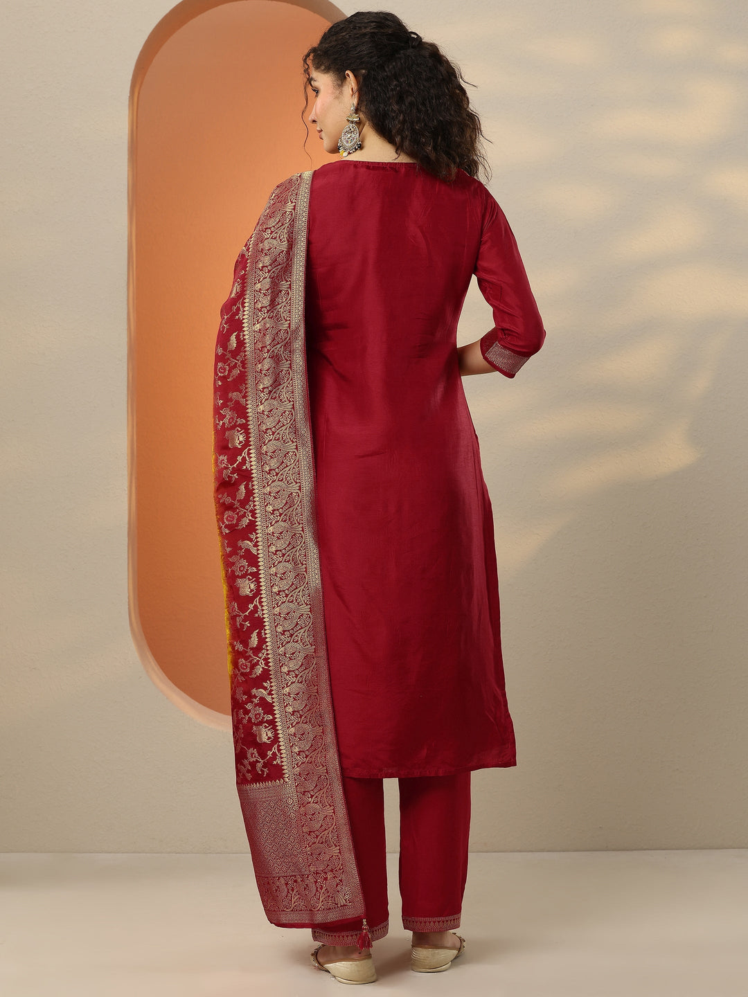  Red Woven Design Silk Blend Straight Suit Set With Dupatta 
