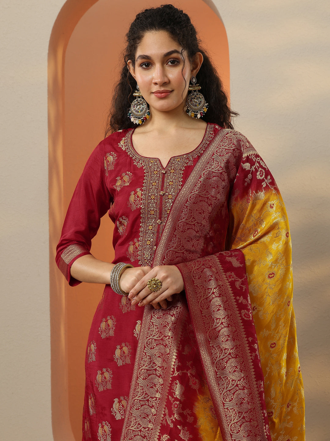  Red Woven Design Silk Blend Straight Suit Set With Dupatta 