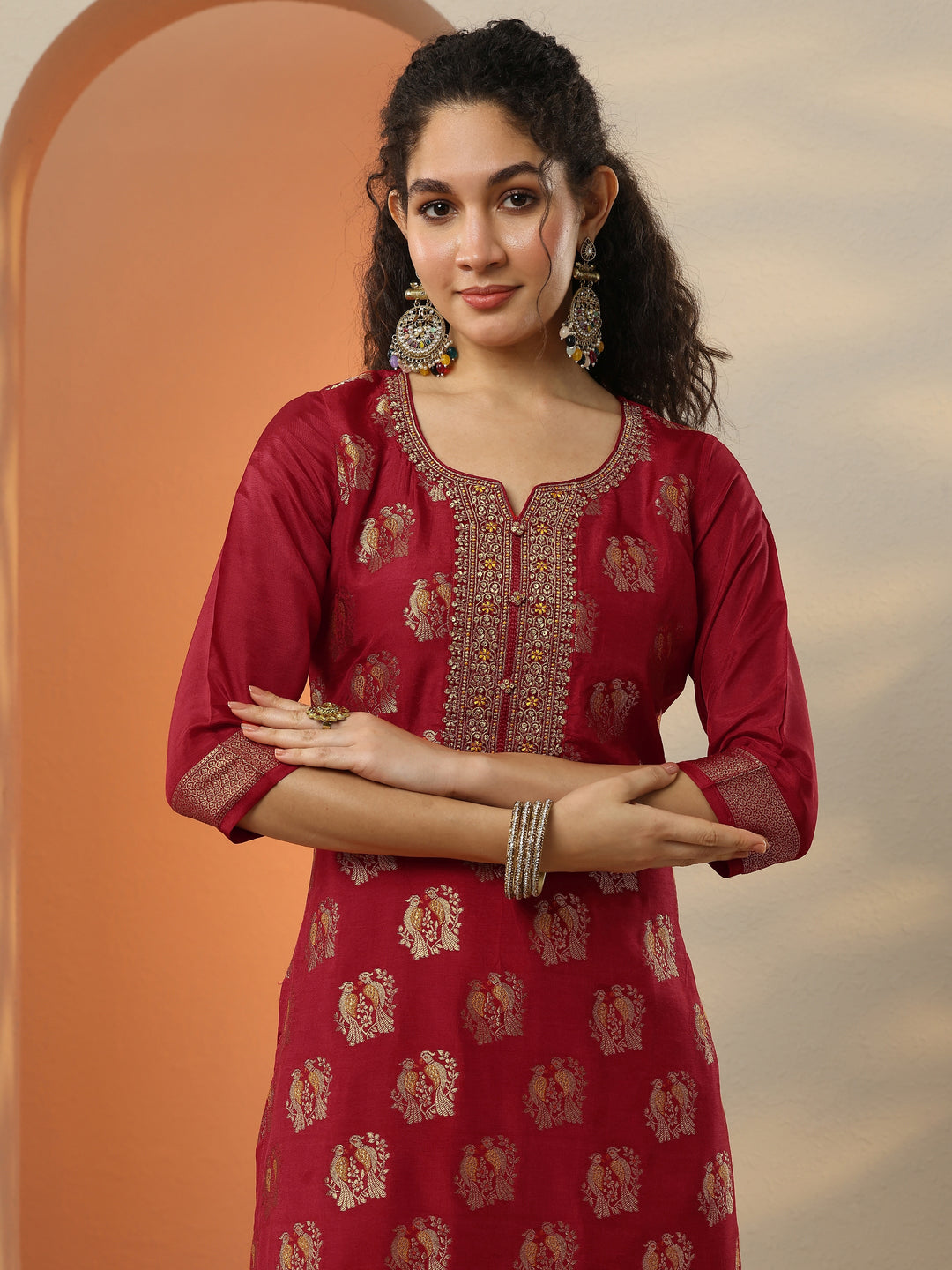  Libas Art Red Woven Design Silk Blend Straight Suit Set With Dupatta 