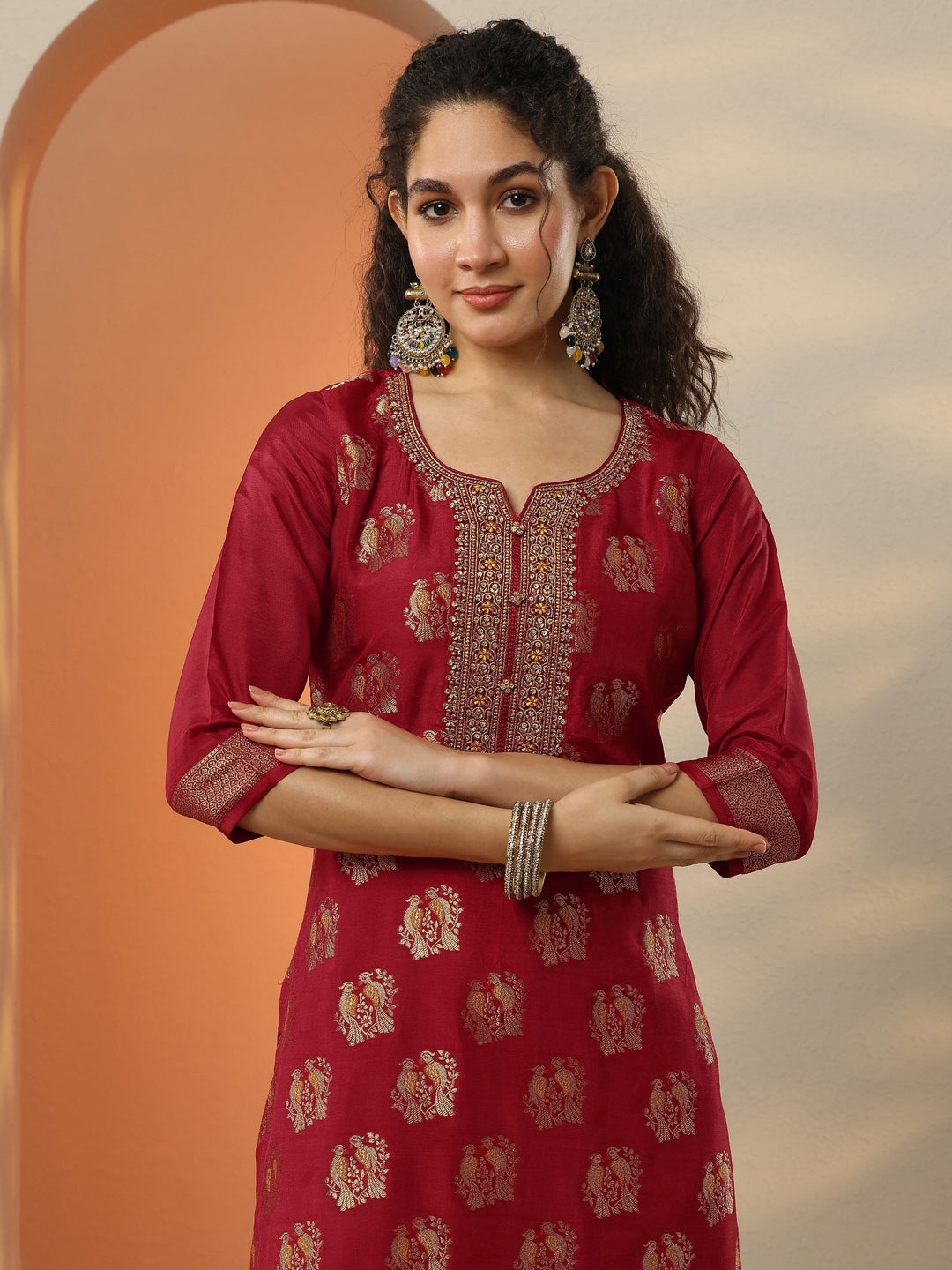  Red Woven Design Silk Blend Straight Suit Set With Dupatta 