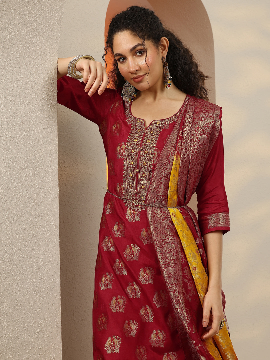  Red Woven Design Silk Blend Straight Suit Set With Dupatta 