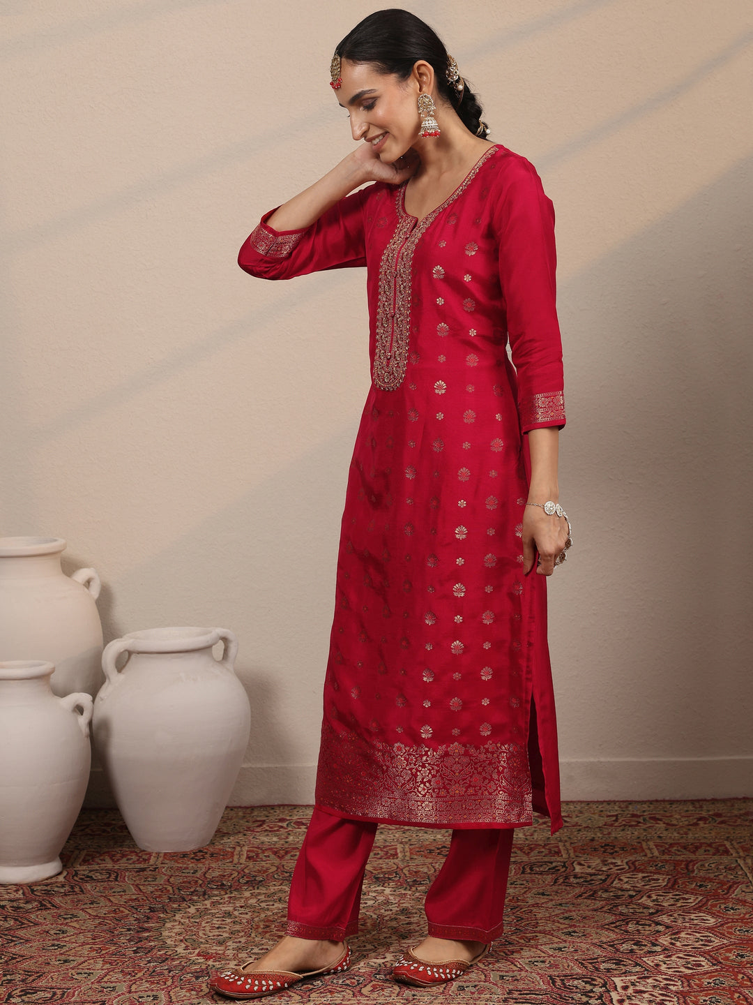  Libas Art Red Woven Design Silk Blend Straight Suit Set With Dupatta 