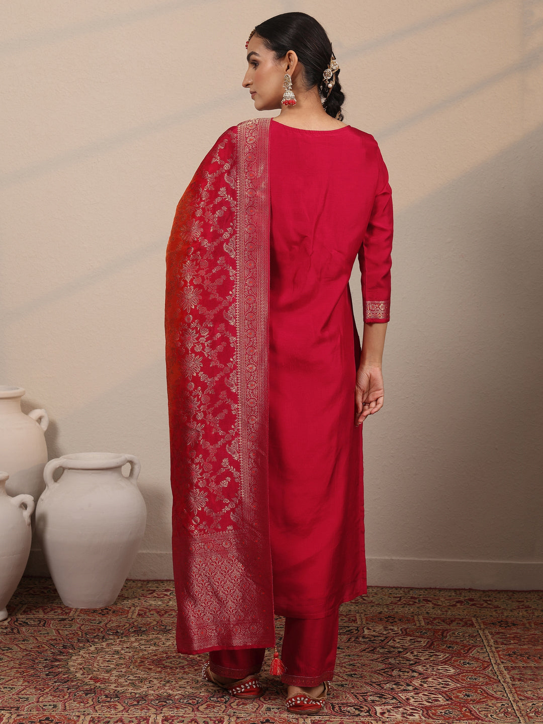  Libas Art Red Woven Design Silk Blend Straight Suit Set With Dupatta 