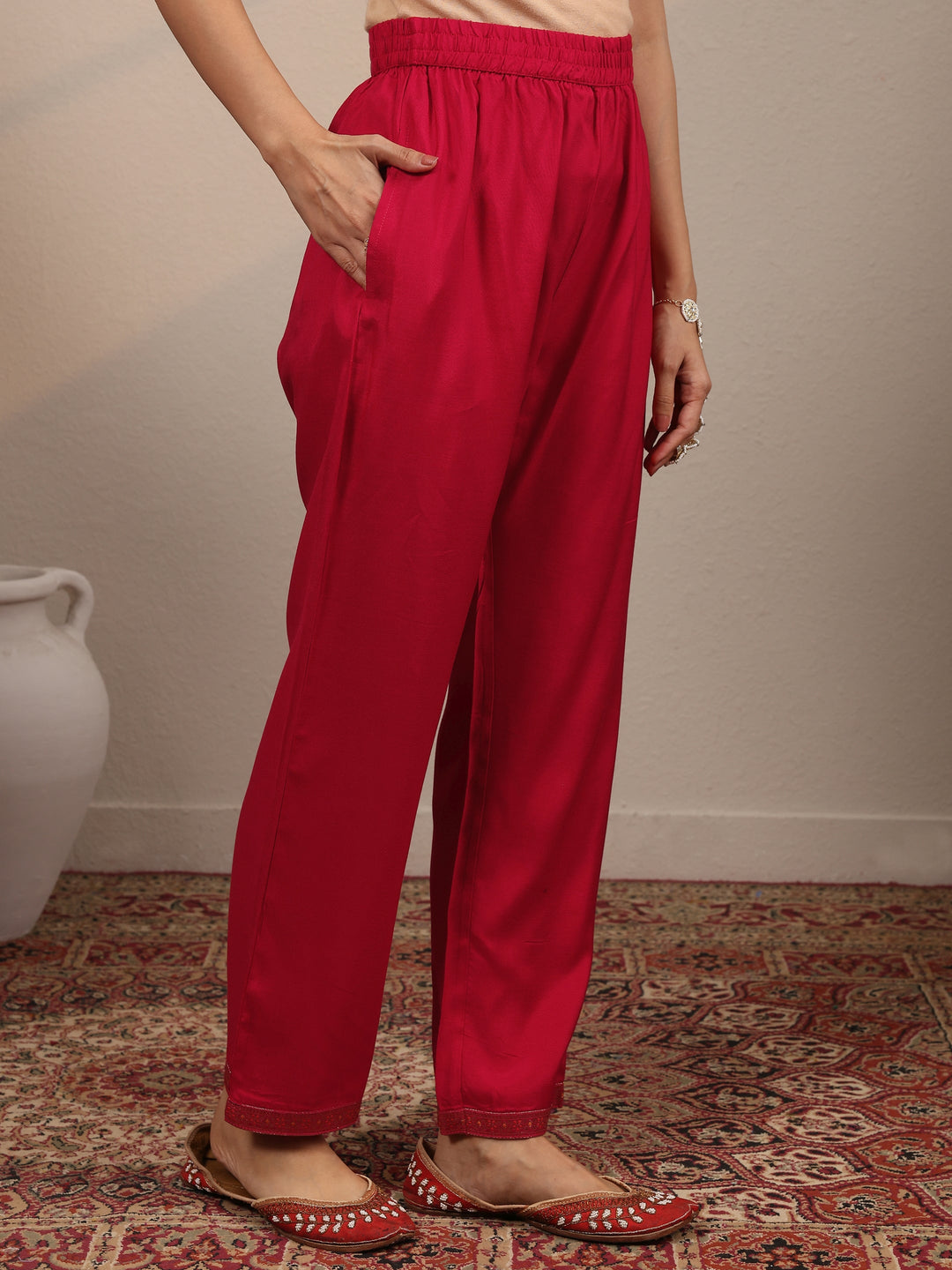  Libas Art Red Woven Design Silk Blend Straight Suit Set With Dupatta 