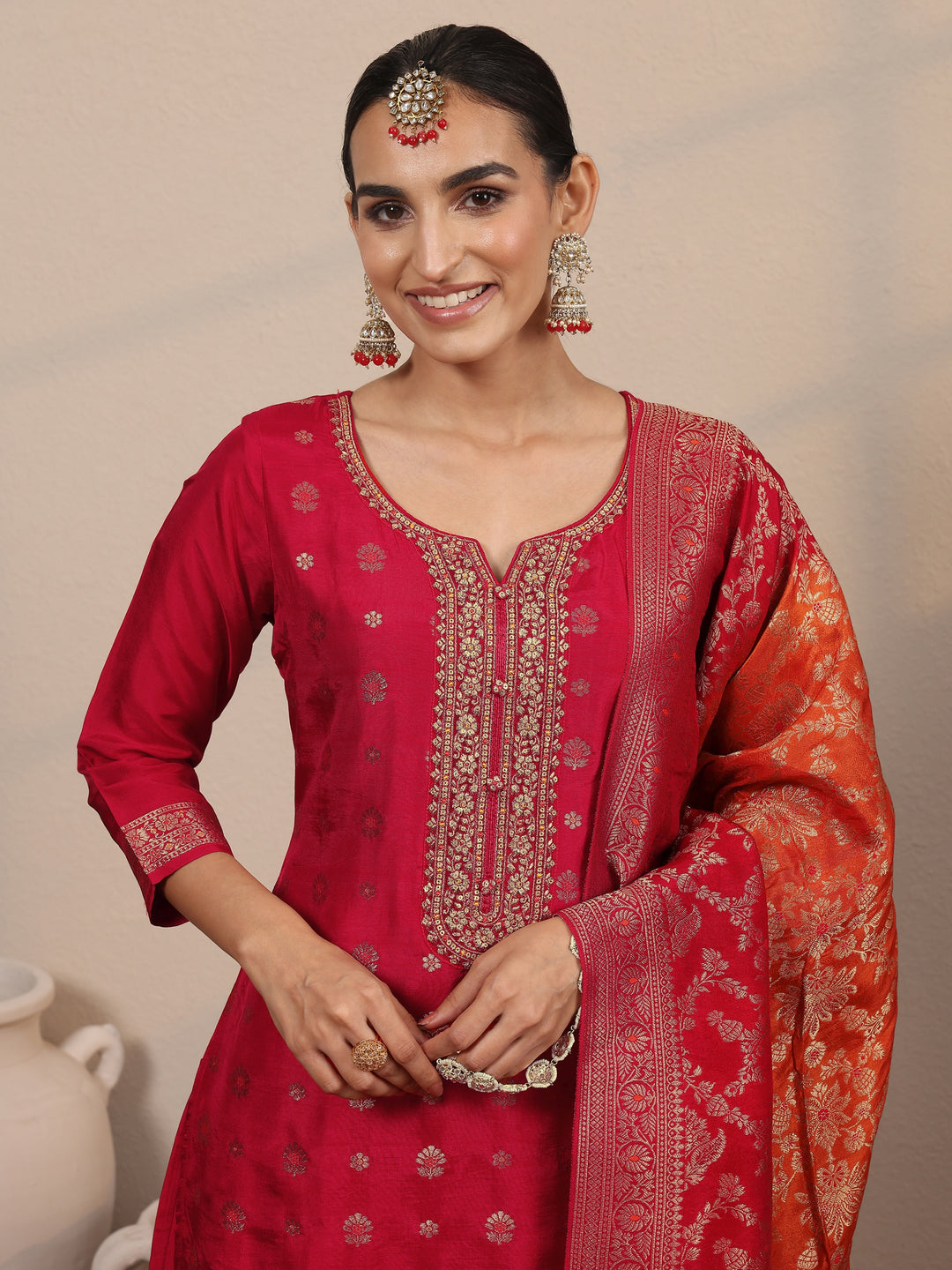  Libas Art Red Woven Design Silk Blend Straight Suit Set With Dupatta 