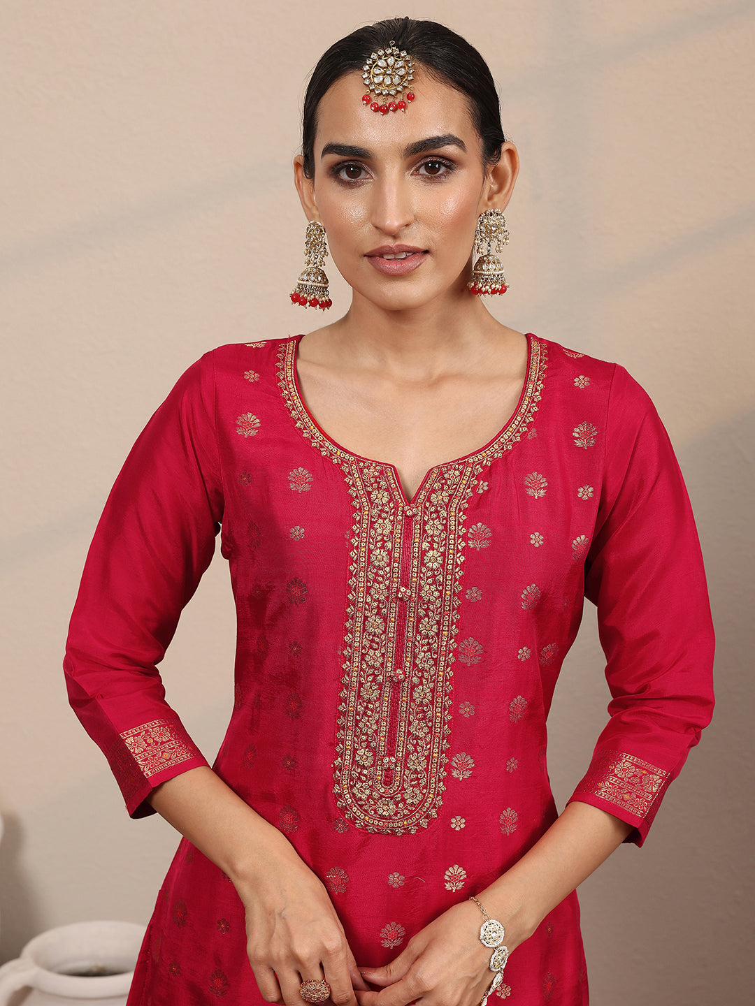  Libas Art Red Woven Design Silk Blend Straight Suit Set With Dupatta 