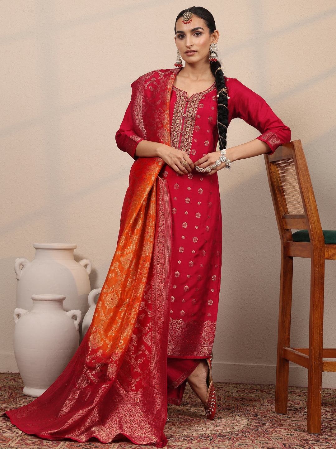 Libas Art Red Woven Design Silk Blend Straight Suit Set With Dupatta