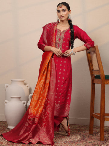 Red Woven Design Silk Blend Straight Suit Set With Dupatta