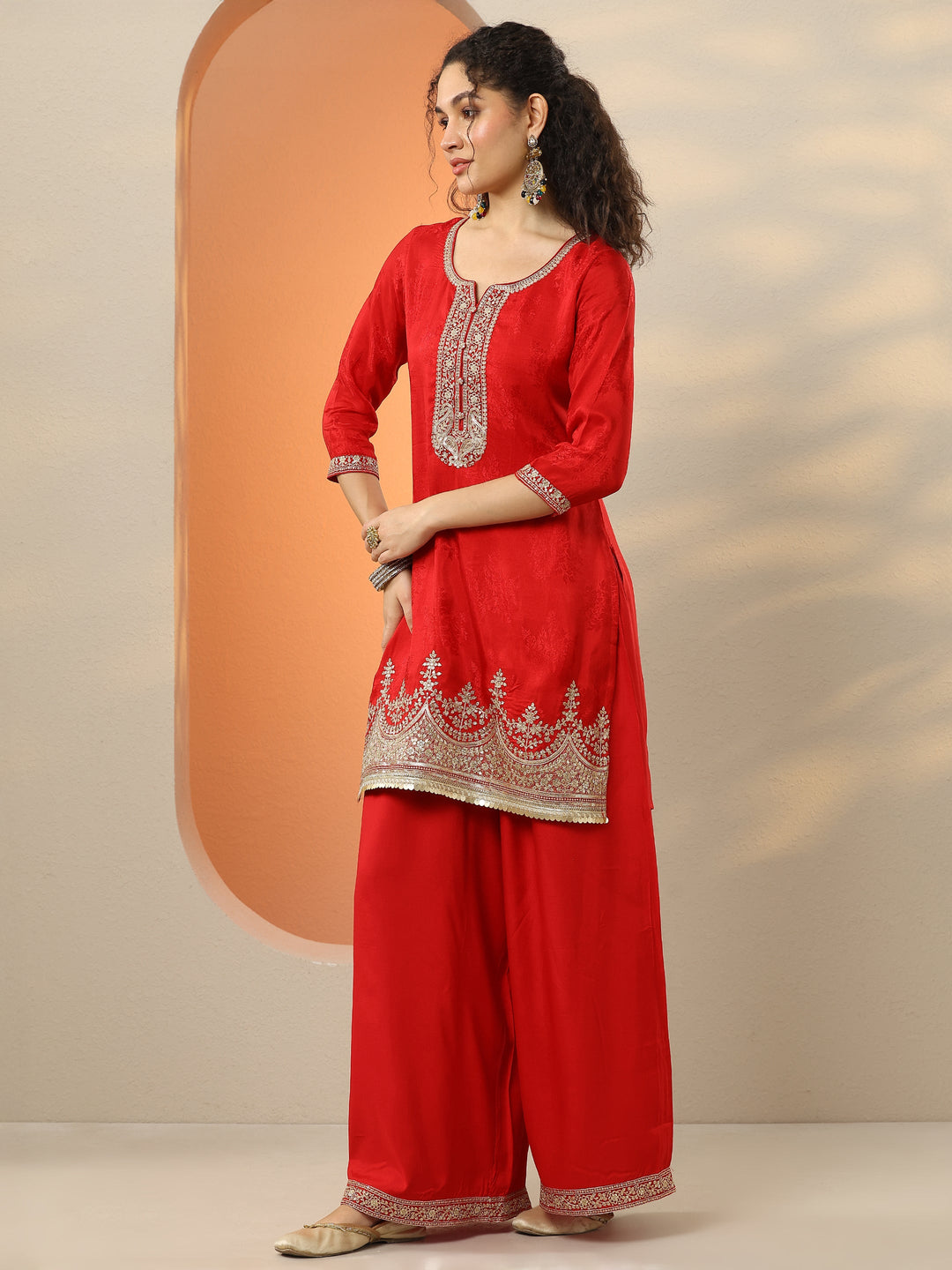  Libas Art Red Embroidered Silk Blend Straight Suit Set With Dupatta 