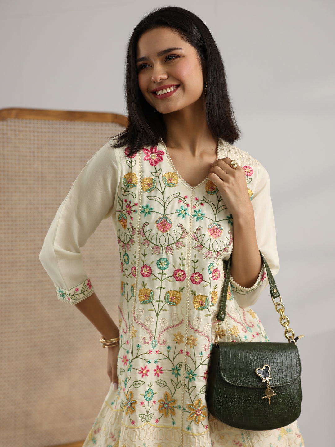  Off White Embroidered Silk Blend Co-Ord Sets 