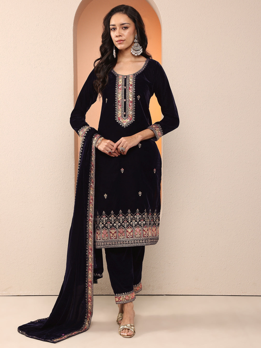  Libas Art Navy blue Embroidered Velvet Straight Suit Set With Dupatta 