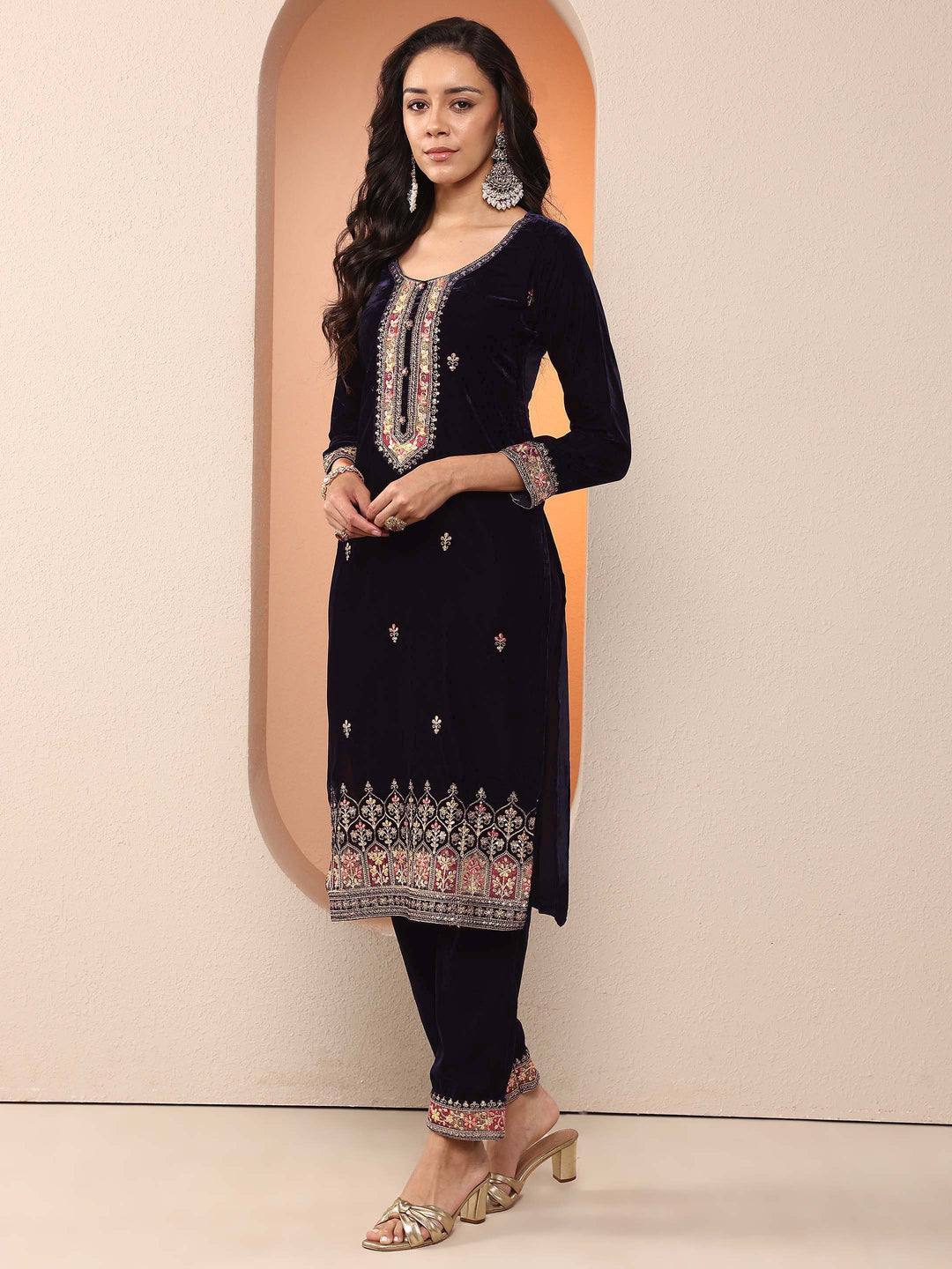  Libas Art Navy blue Embroidered Velvet Straight Suit Set With Dupatta 