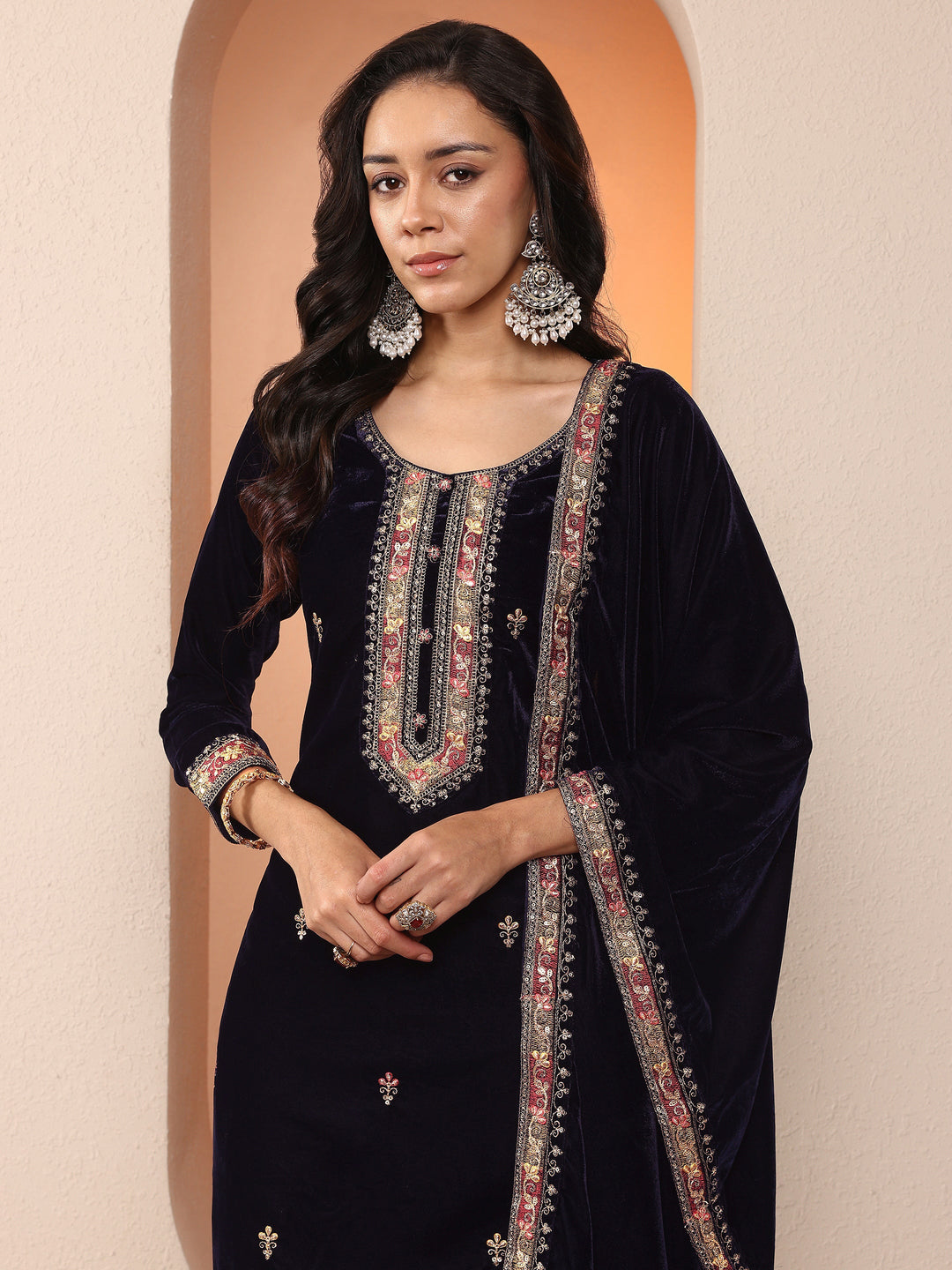  Libas Art Navy blue Embroidered Velvet Straight Suit Set With Dupatta 