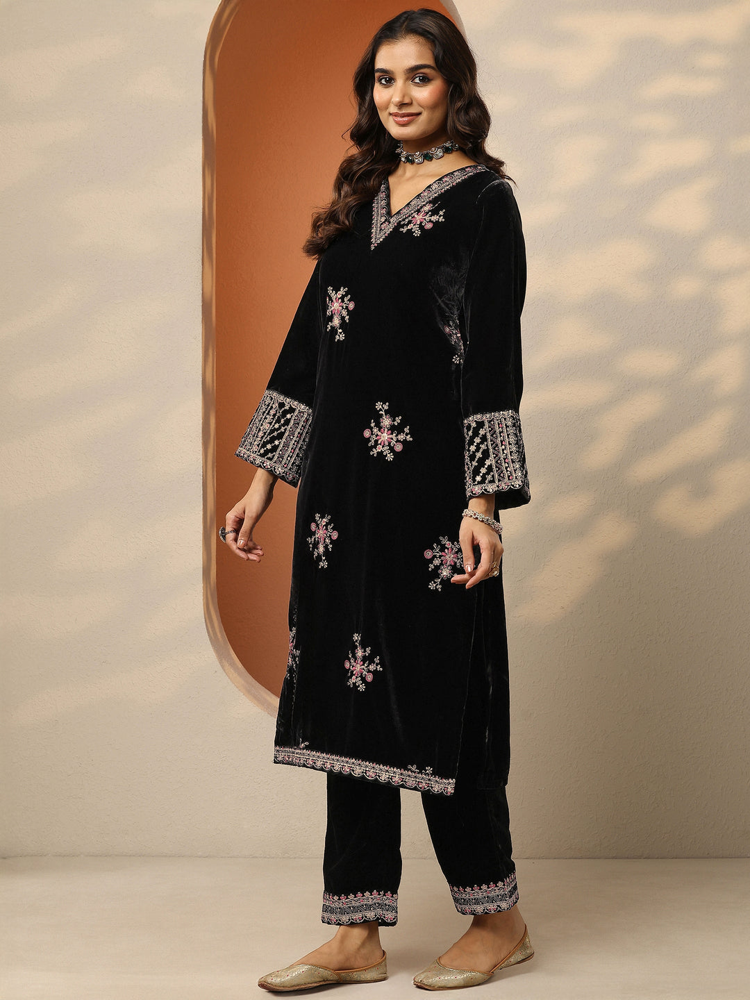  Libas Art Black Embroidered Velvet Straight Suit Set With Dupatta 