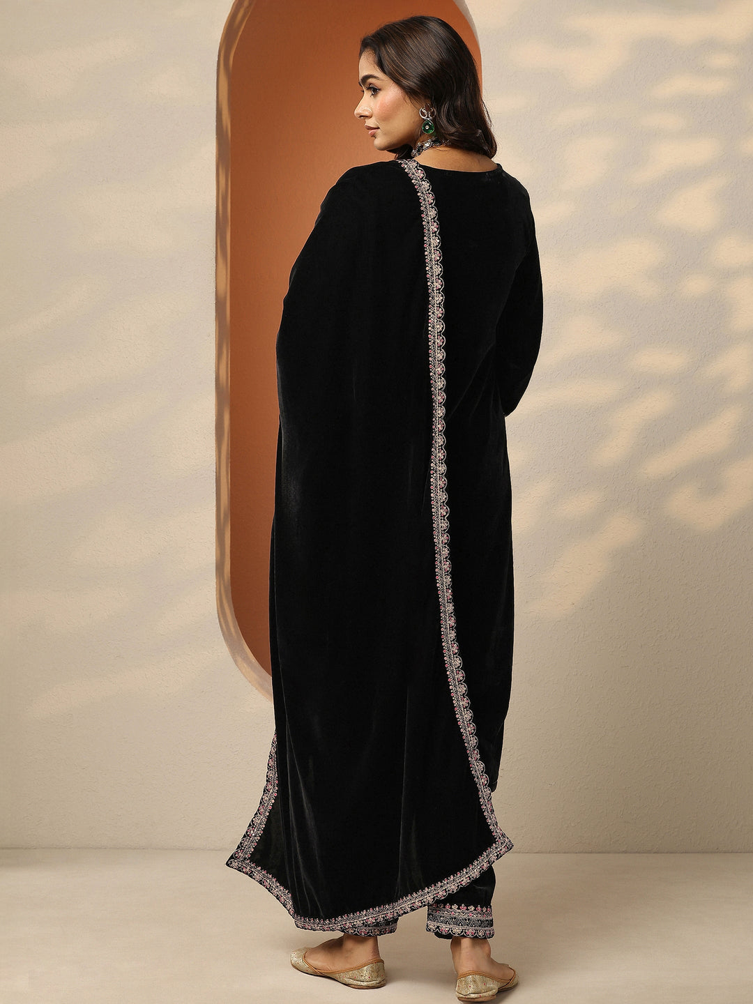  Libas Art Black Embroidered Velvet Straight Suit Set With Dupatta 