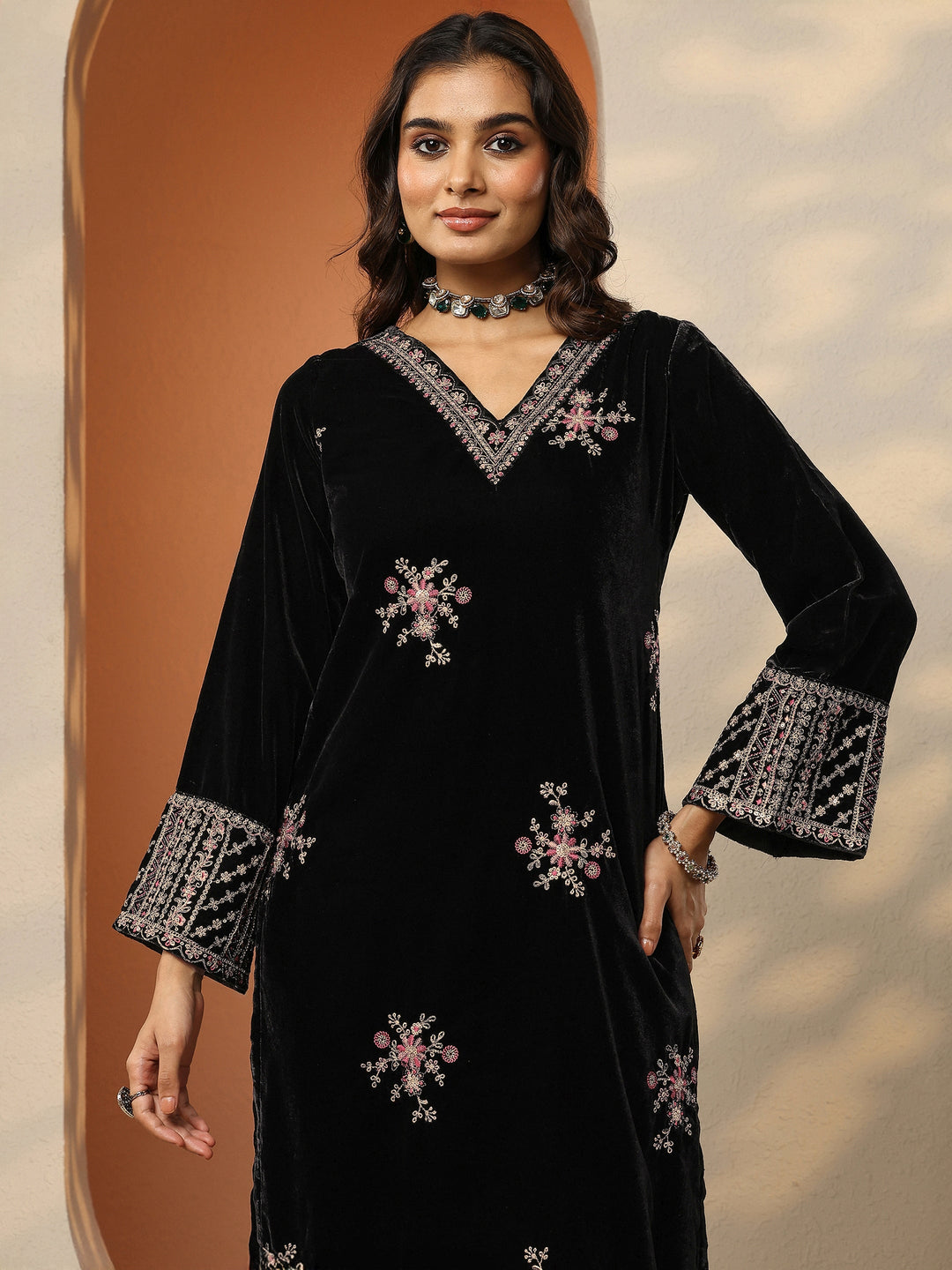 Libas Art Black Embroidered Velvet Straight Suit Set With Dupatta 