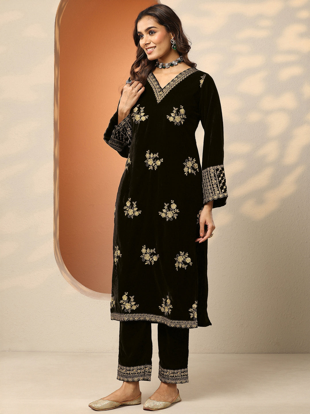  Libas Art Black Embroidered Velvet Straight Suit Set With Dupatta 