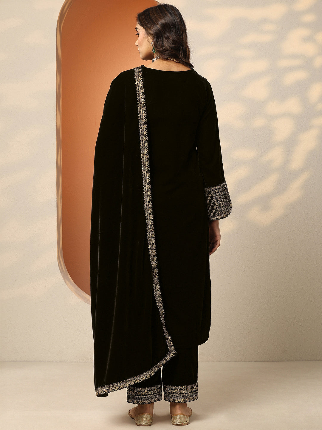  Libas Art Black Embroidered Velvet Straight Suit Set With Dupatta 