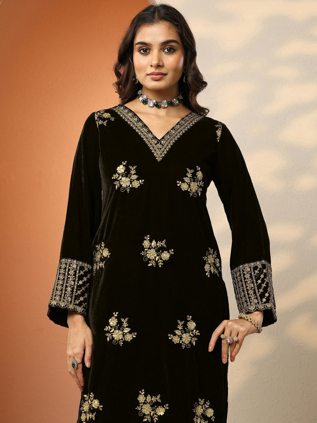  Libas Art Black Embroidered Velvet Straight Suit Set With Dupatta 