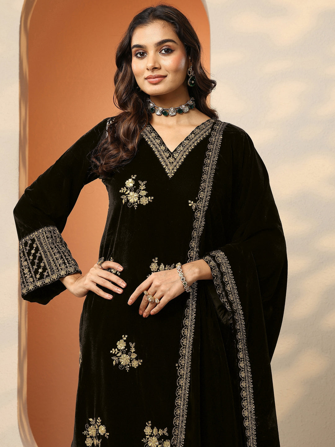  Libas Art Black Embroidered Velvet Straight Suit Set With Dupatta 