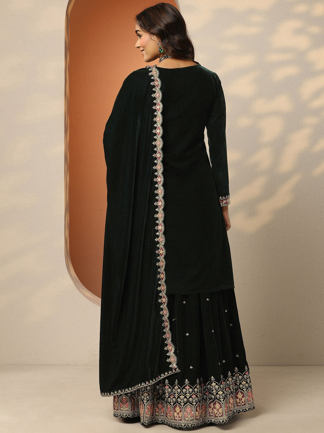  Libas Art Green Embroidered Velvet Straight Suit Set With Dupatta 