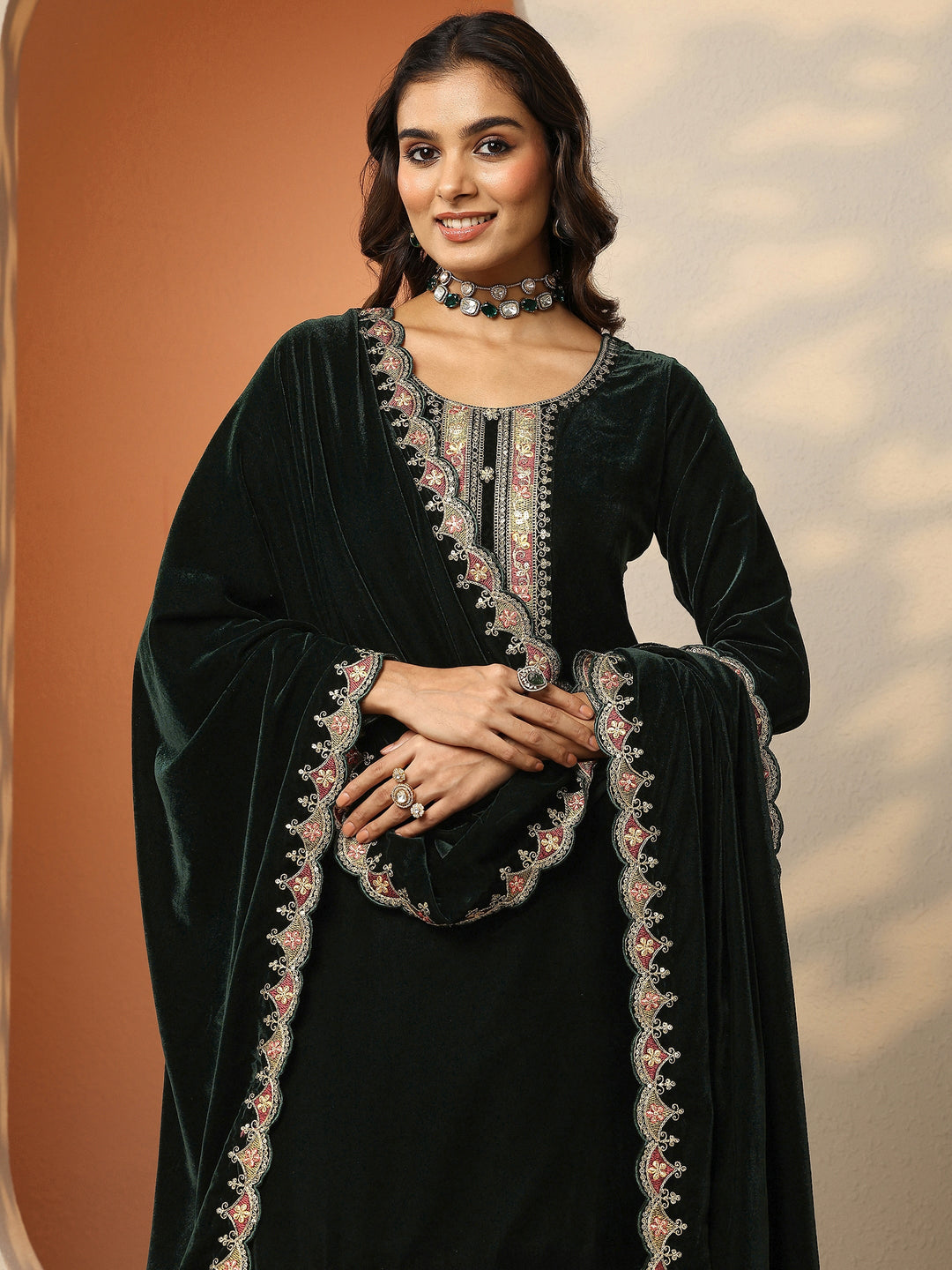  Libas Art Green Embroidered Velvet Straight Suit Set With Dupatta 