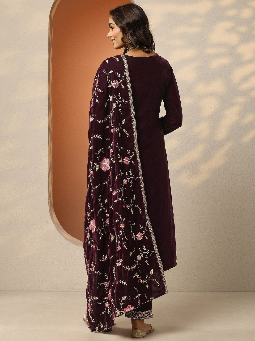  Libas Art Burgundy Embroidered Velvet Straight Suit Set With Dupatta 