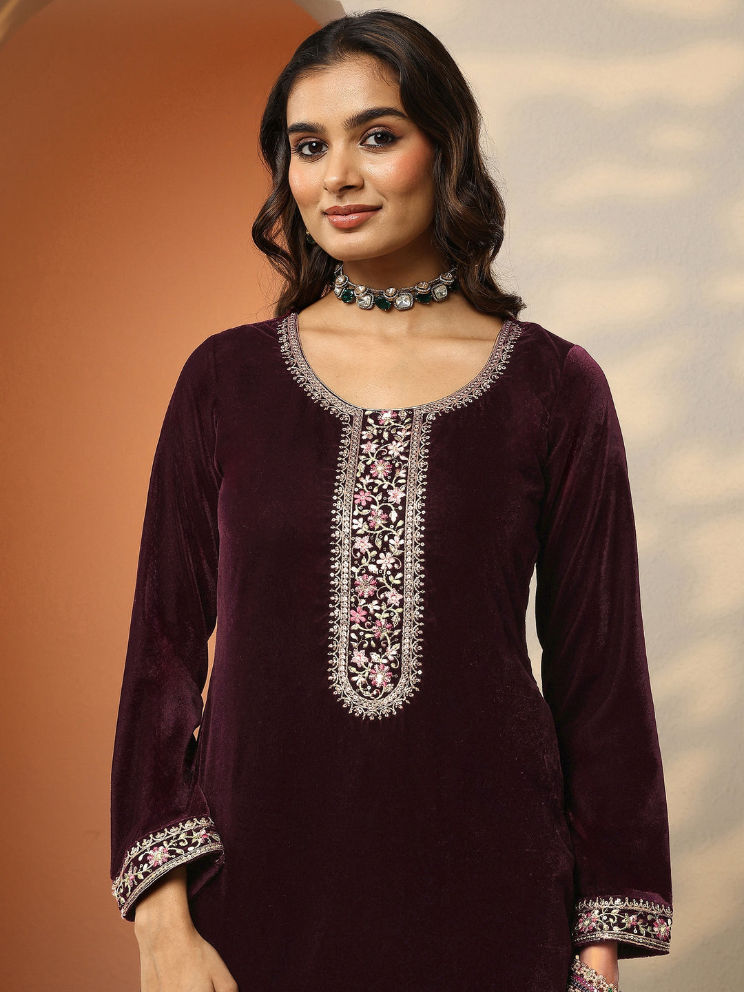  Libas Art Burgundy Embroidered Velvet Straight Suit Set With Dupatta 