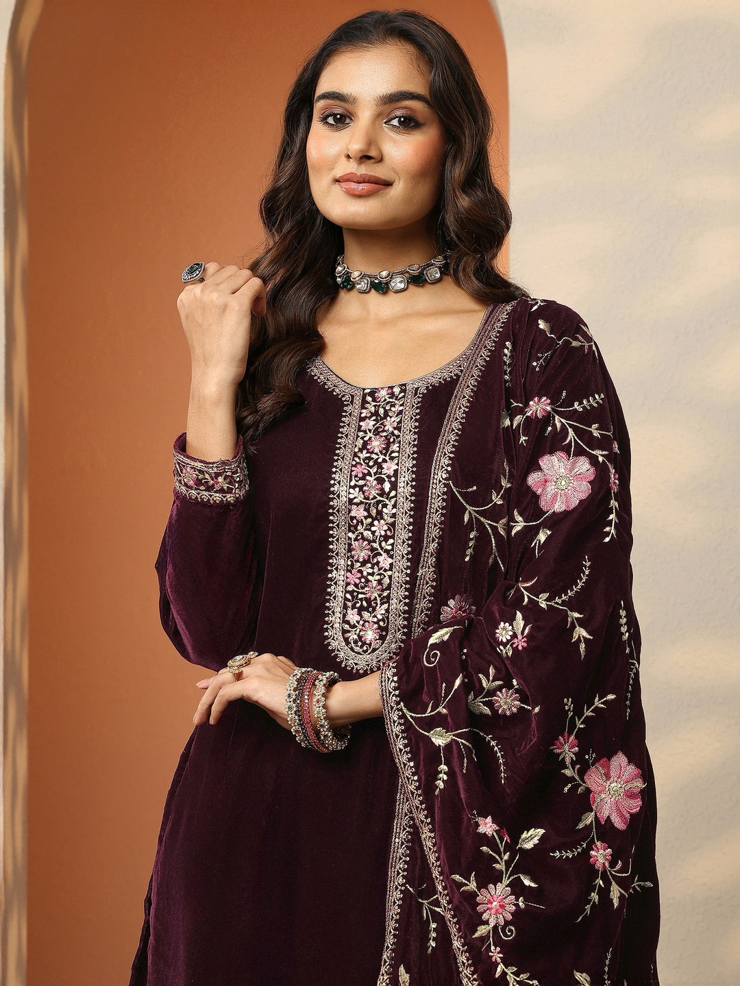  Libas Art Burgundy Embroidered Velvet Straight Suit Set With Dupatta 