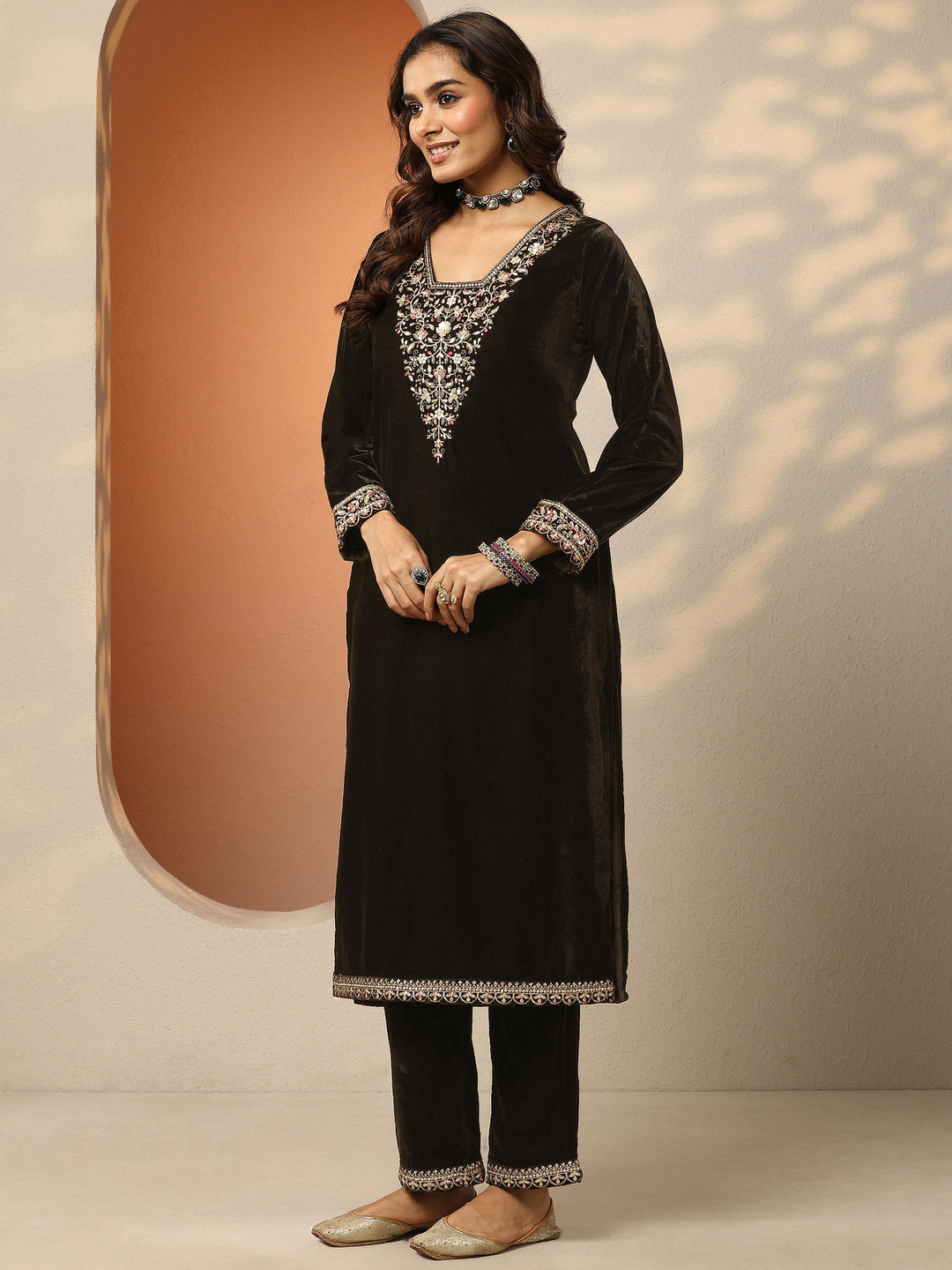  Libas Art Black Embroidered Velvet Straight Suit Set With Dupatta 