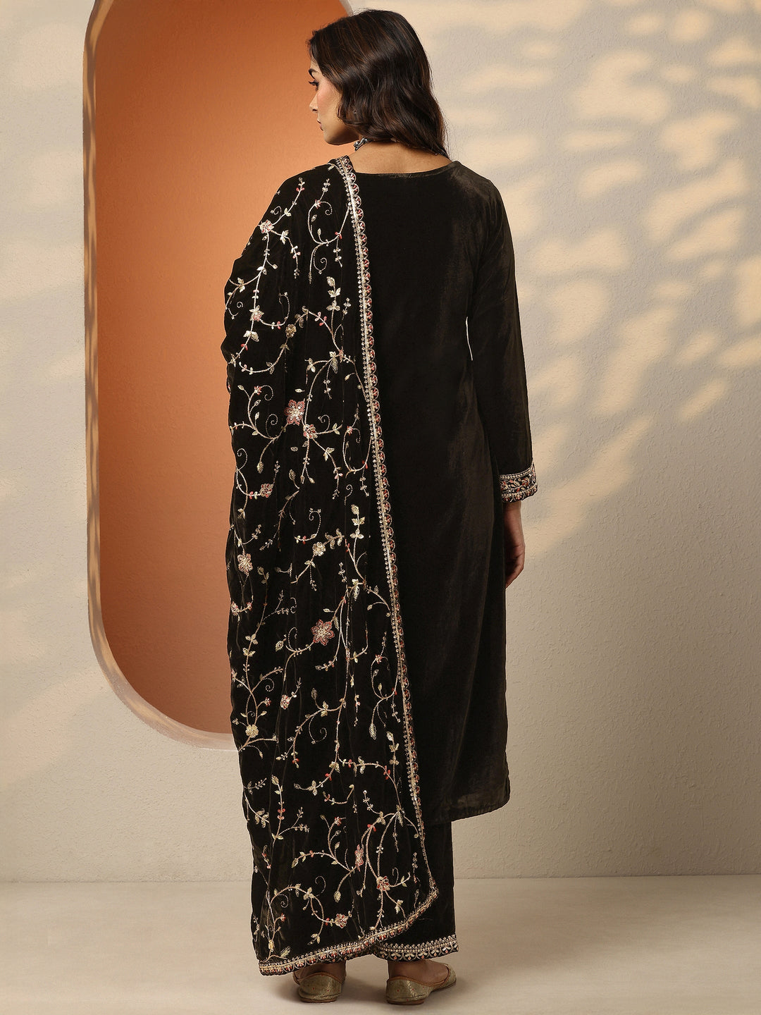  Libas Art Black Embroidered Velvet Straight Suit Set With Dupatta 