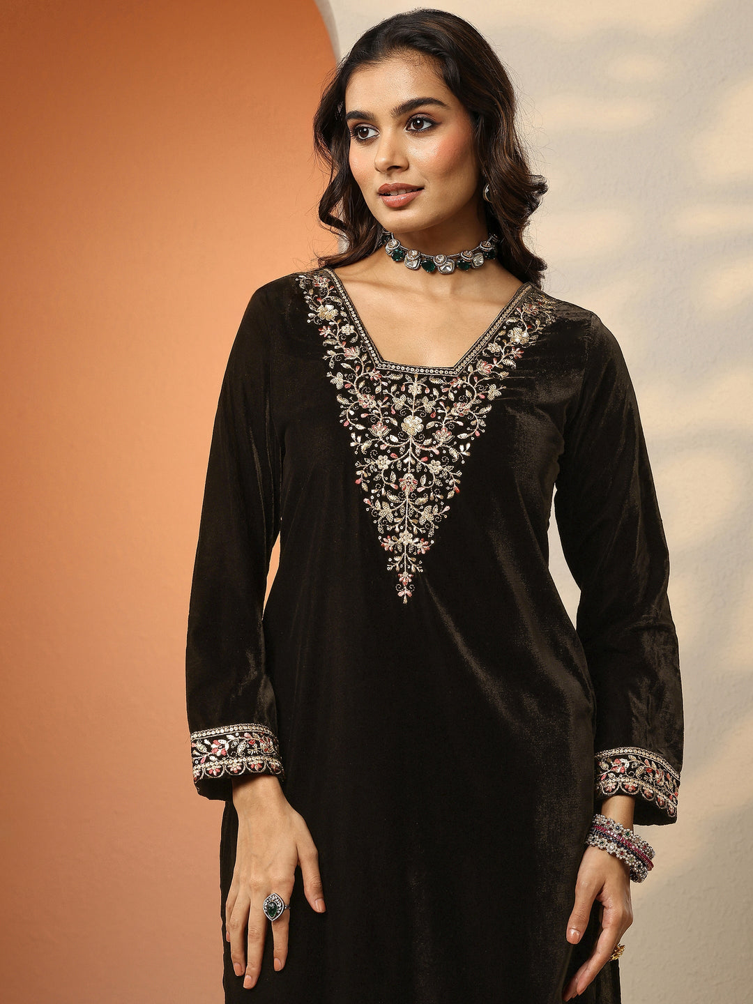  Libas Art Black Embroidered Velvet Straight Suit Set With Dupatta 